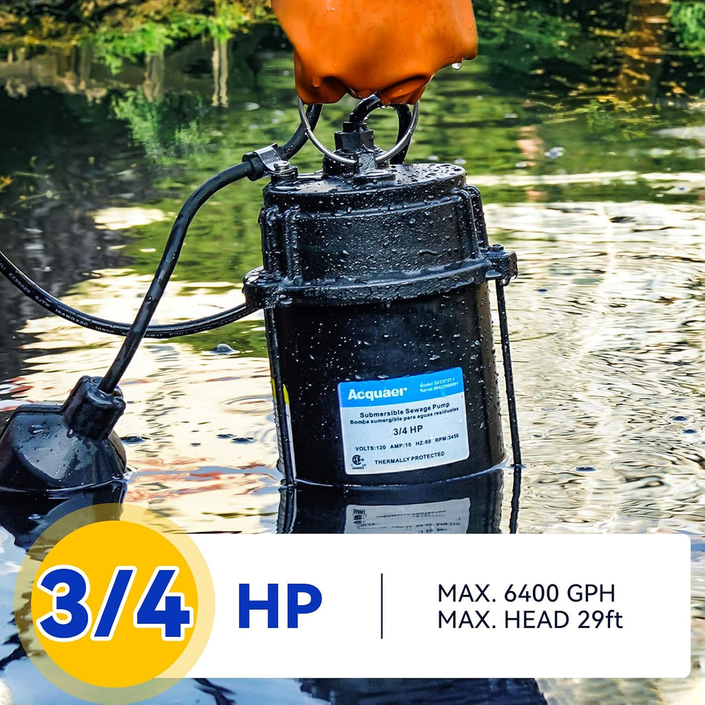 Acquaer 3/4 HP Submersible Sewage Pump 6400 GPH Cast Iron Effluent Pump