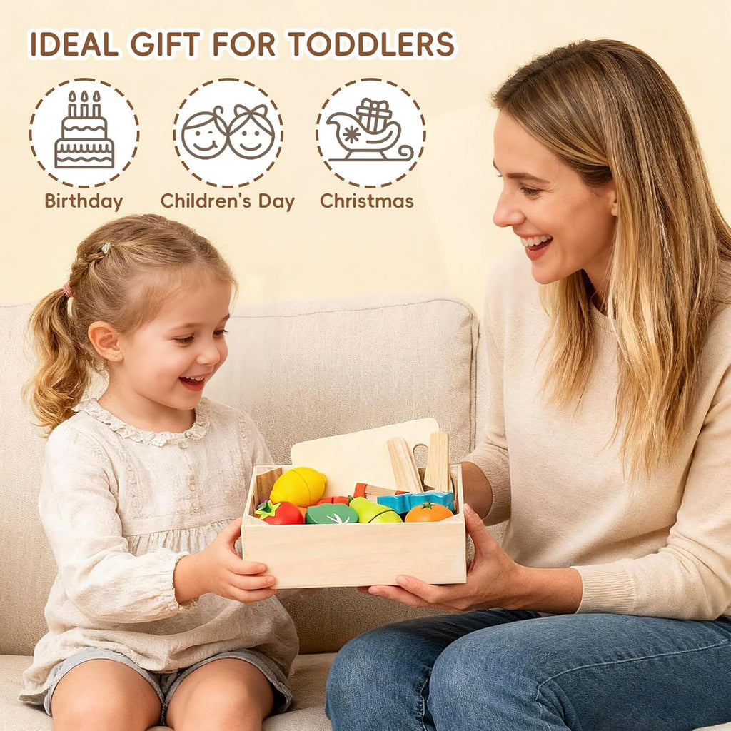 Wooden Play Food for Toddlers - 34Pcs Velcro Fruit and Veggies with Basket & Chopping Board, Play Food Sets for Kids