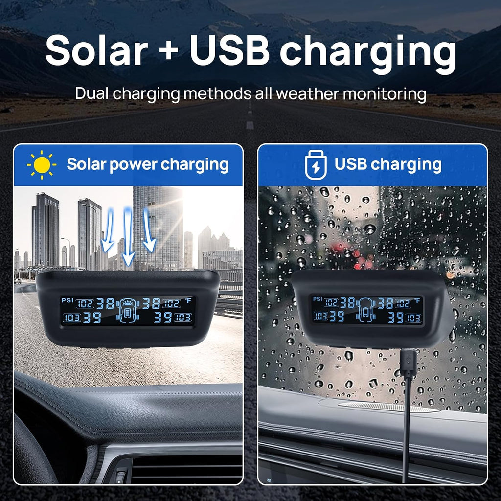 M13 Tire Pressure Monitoring System, RV/Trailer TPMS with 4 Sensors | Solar Charging, Auto Calibration, LCD Display