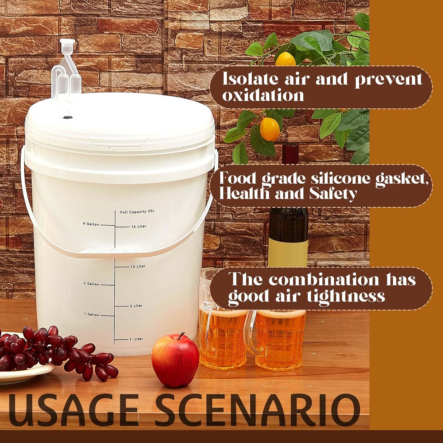 4 Pcs White 6.5 Gallon Fermentation Bucket with Twin Bubble Airlock Grommets Lid Brewing Wine Fermenter Fermentation