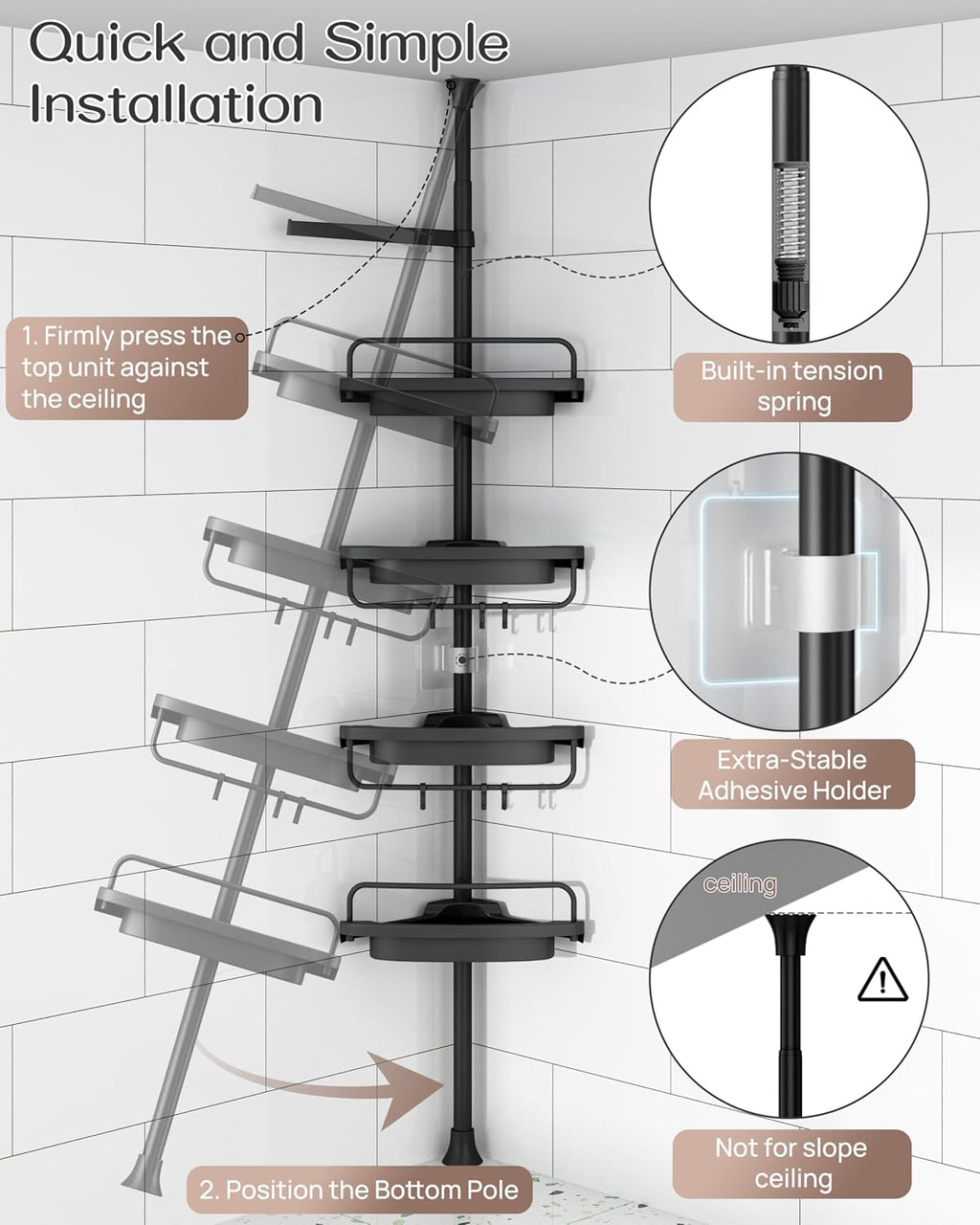 Corner Shower Caddy Tension Pole, Extendable Rustproof Stainless Steel Pole & 4-Tier Adjustable Shelves for Easy