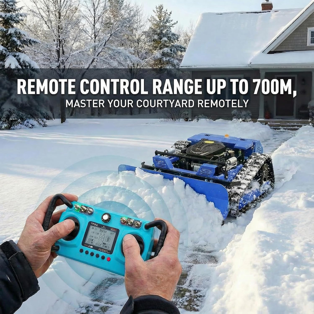 Remote Control Lawn Mower with Snow Plow, Crawler Track All-Terrain System, Hybrid Oil-Electric Power for Steep