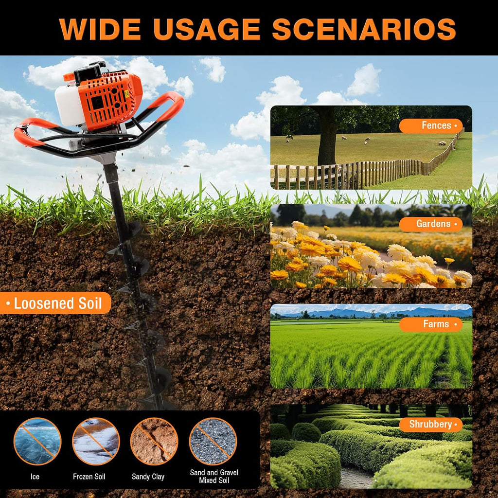 52CC 2.3HP Auger Post Hole Digger, 2 Stroke Gas Powered Earth Post Hole Digger with 3 Auger Drill Bits(4" & 6" & 8")