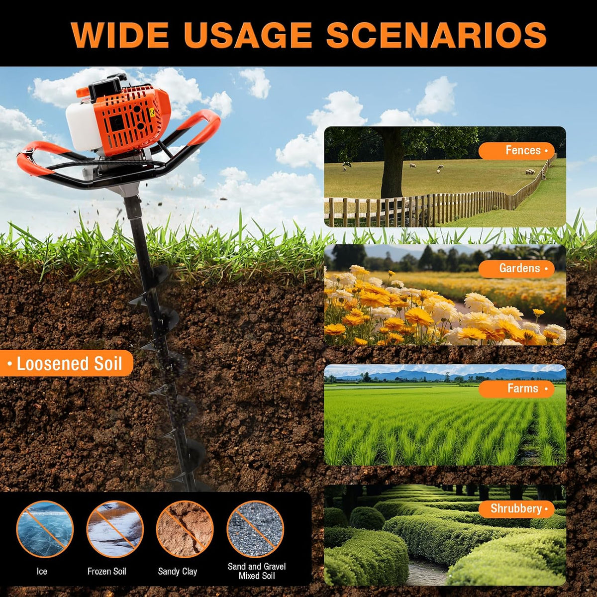 52CC 2.3HP Auger Post Hole Digger, 2 Stroke Gas Powered Earth Post Hole Digger with 3 Auger Drill Bits(4" & 6" & 8")