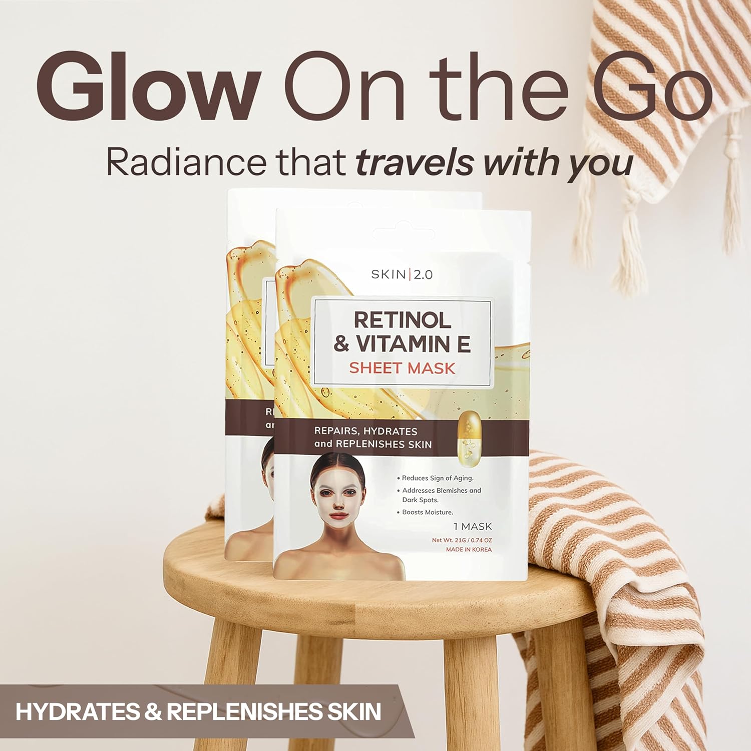 Retinol & Vitamin E Sheet Mask - Anti-Aging, Acne Scar & Hyperpigmentation - Hydrating, Dermatologist Tested Korean