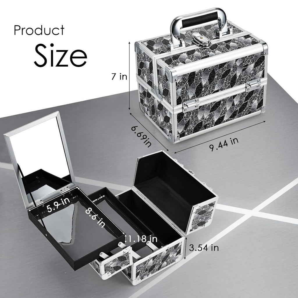 Makeup Case Organizer Makeup Box Portable Cosmetic Train Case Hard Vanity Storage with 2 Trays Mirror Locking Make Up