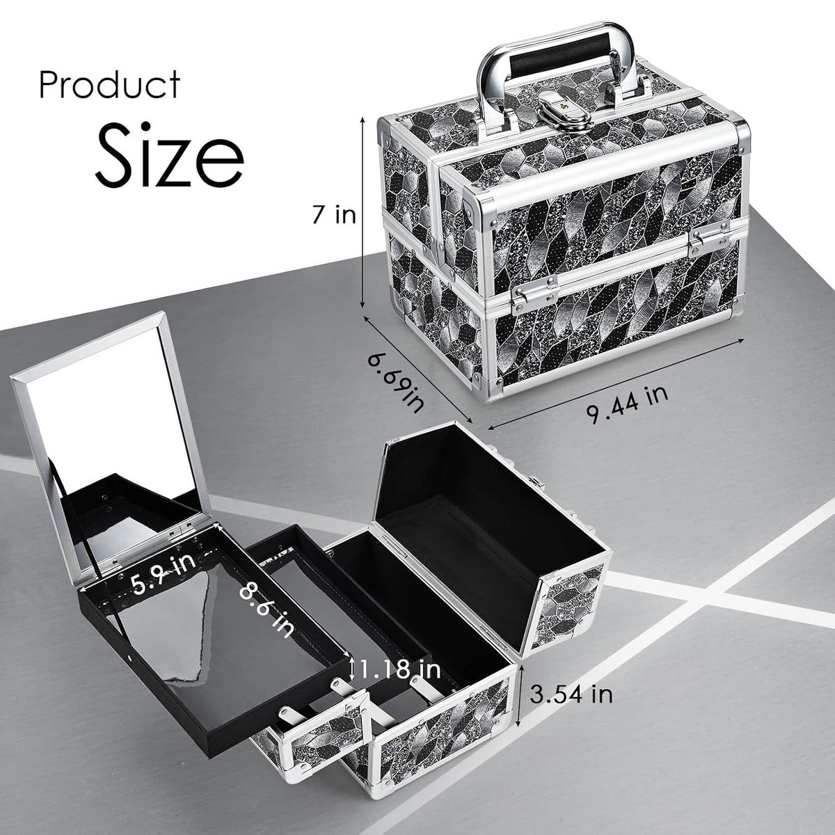 Makeup Case Organizer Makeup Box Portable Cosmetic Train Case Hard Vanity Storage with 2 Trays Mirror Locking Make Up
