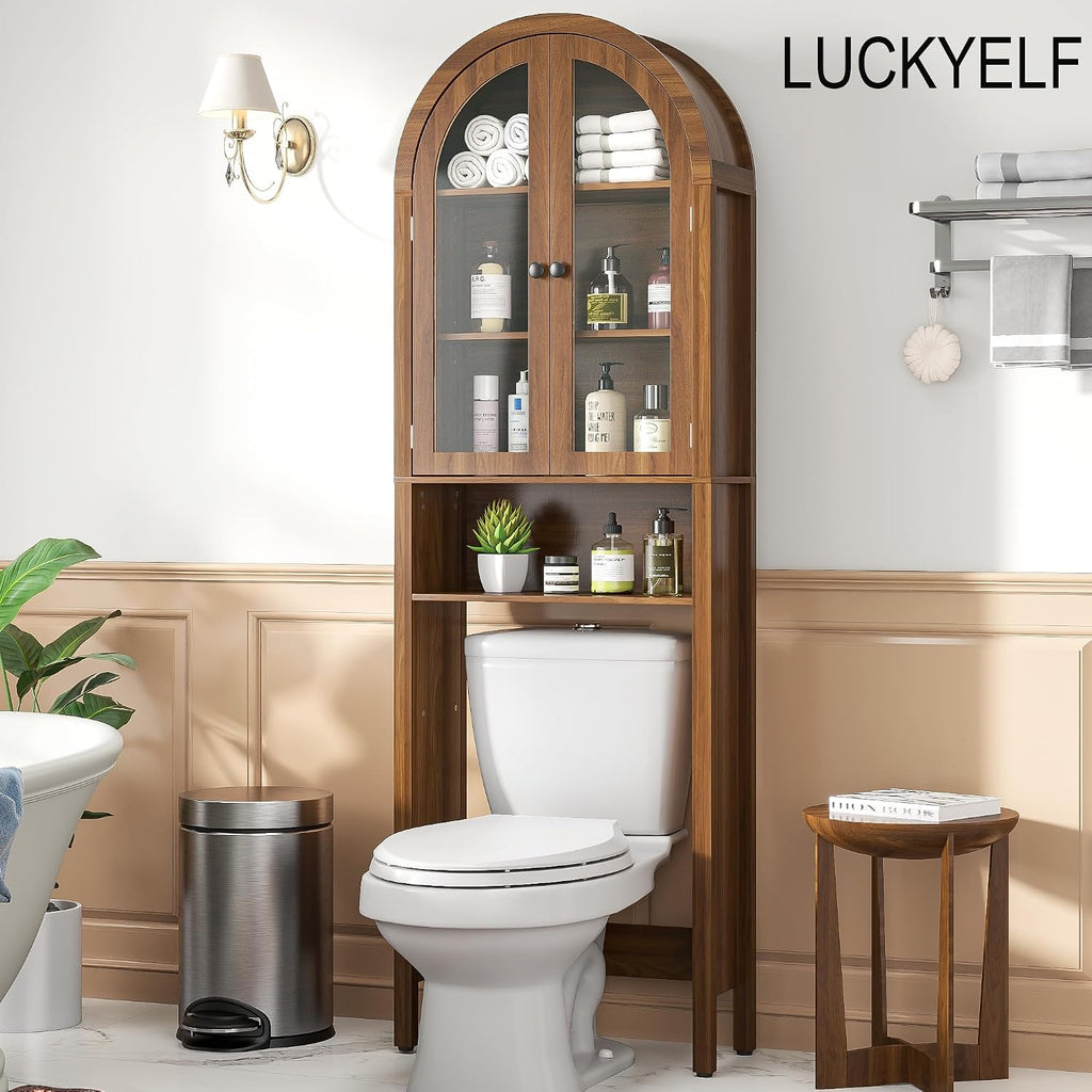 Arched Over The Toilet Storage Cabinet with Acrylic Doors, 4 Tier Small Bathroom Shelf Organizer, Mid Century Modern