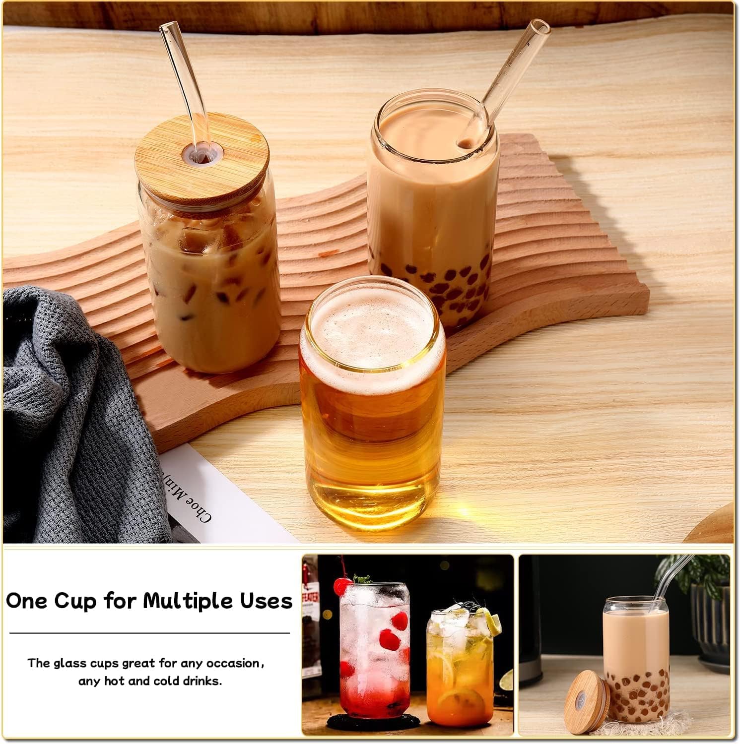 Glass Cups with Lids and Straws 4 pcs,16oz Drinking Glasses Set for Coffee Bar Accessories,Iced Coffee Cups with