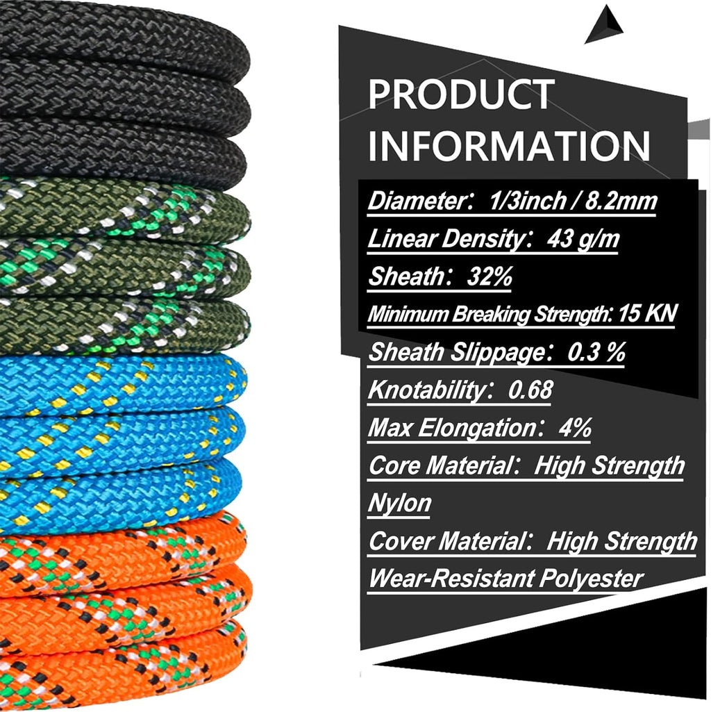 Orange/Black/Blue/Green Climbing Rope 10M(32ft) 20M(64ft) 30M(96ft) 50M(160ft), 8MM Static Rock Climbing Rope with 2