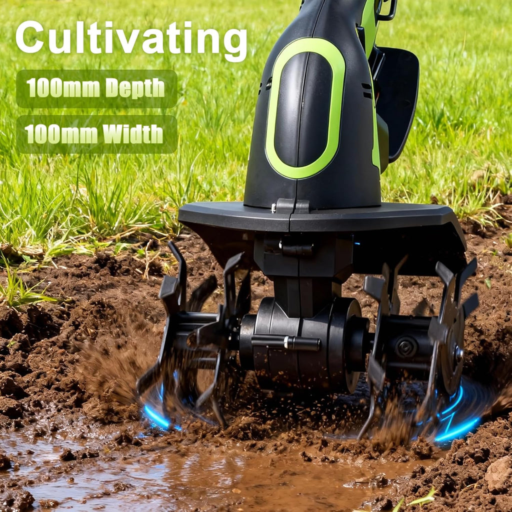 21V Cordless Tiller Cultivator, 2-in-1 Electric Garden Tiller with 2×1.5Ah Batteries, 550W Hand Tiller, 100mm Tilling