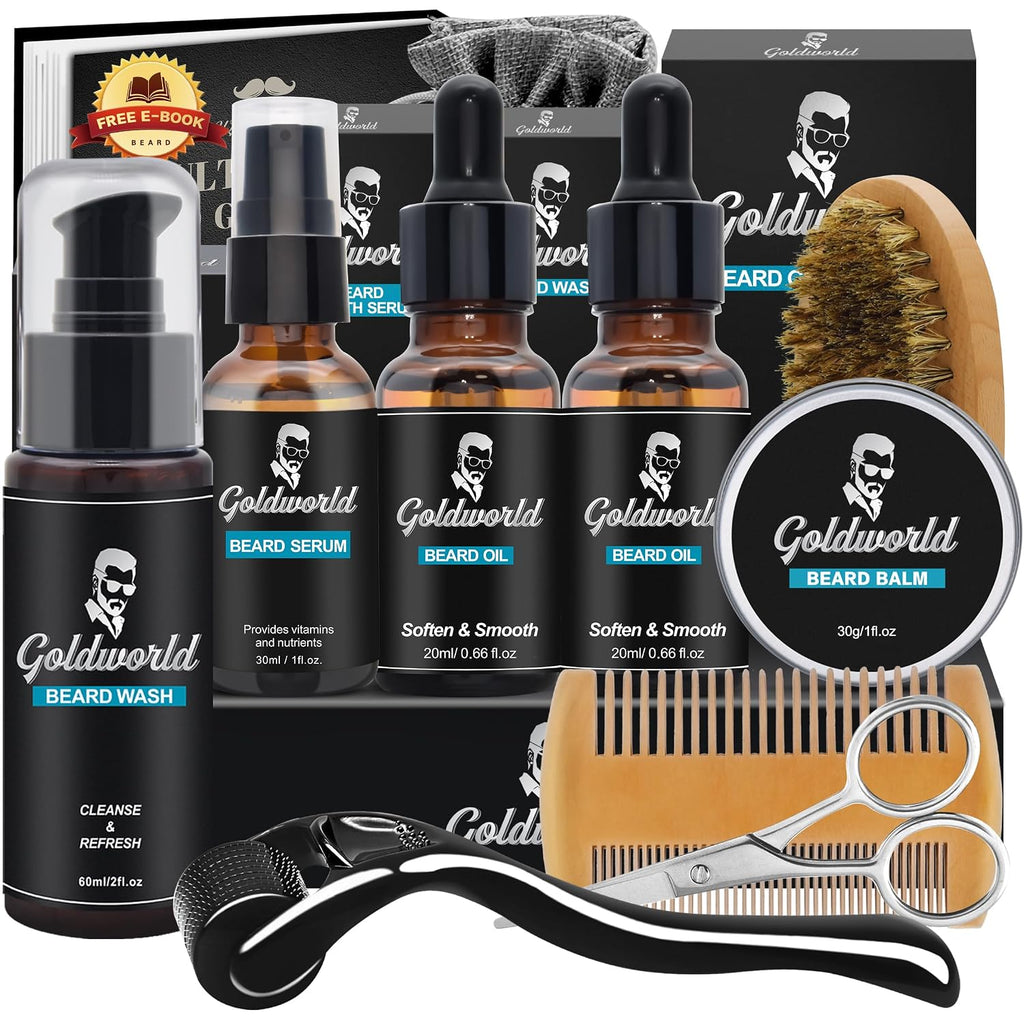 Beard Kit,Beard Grooming Kit w/Beard Wash/Shampoo,2 Packs Beard Oil,Beard Balm,Beard Wash,Brush,Comb,Scissor,Storage