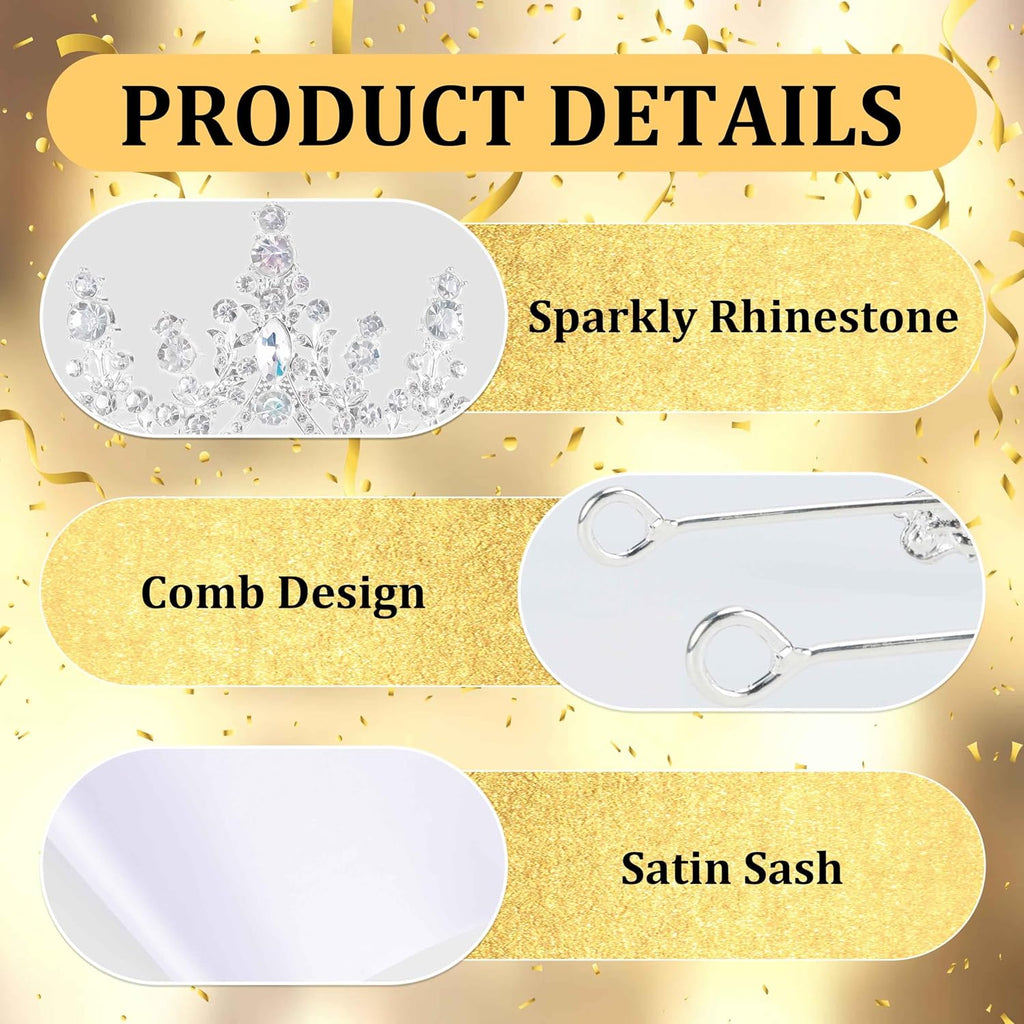 Blank Custom Sash & Crown Tiara for Women, White DIY Sash and Silver Crown Sparkly Rhinestone Tiara for Women Girls