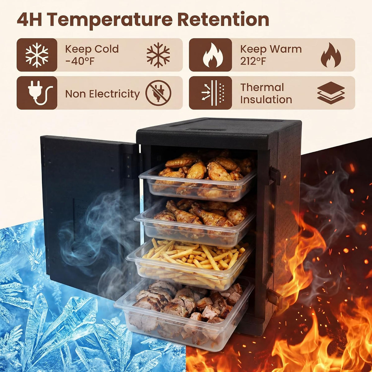 91 Qt Insulated Food Pan Carrier, Front-Loading Lightweight Hot & Cold Food Box with 12 Shelf Dividers & Safety