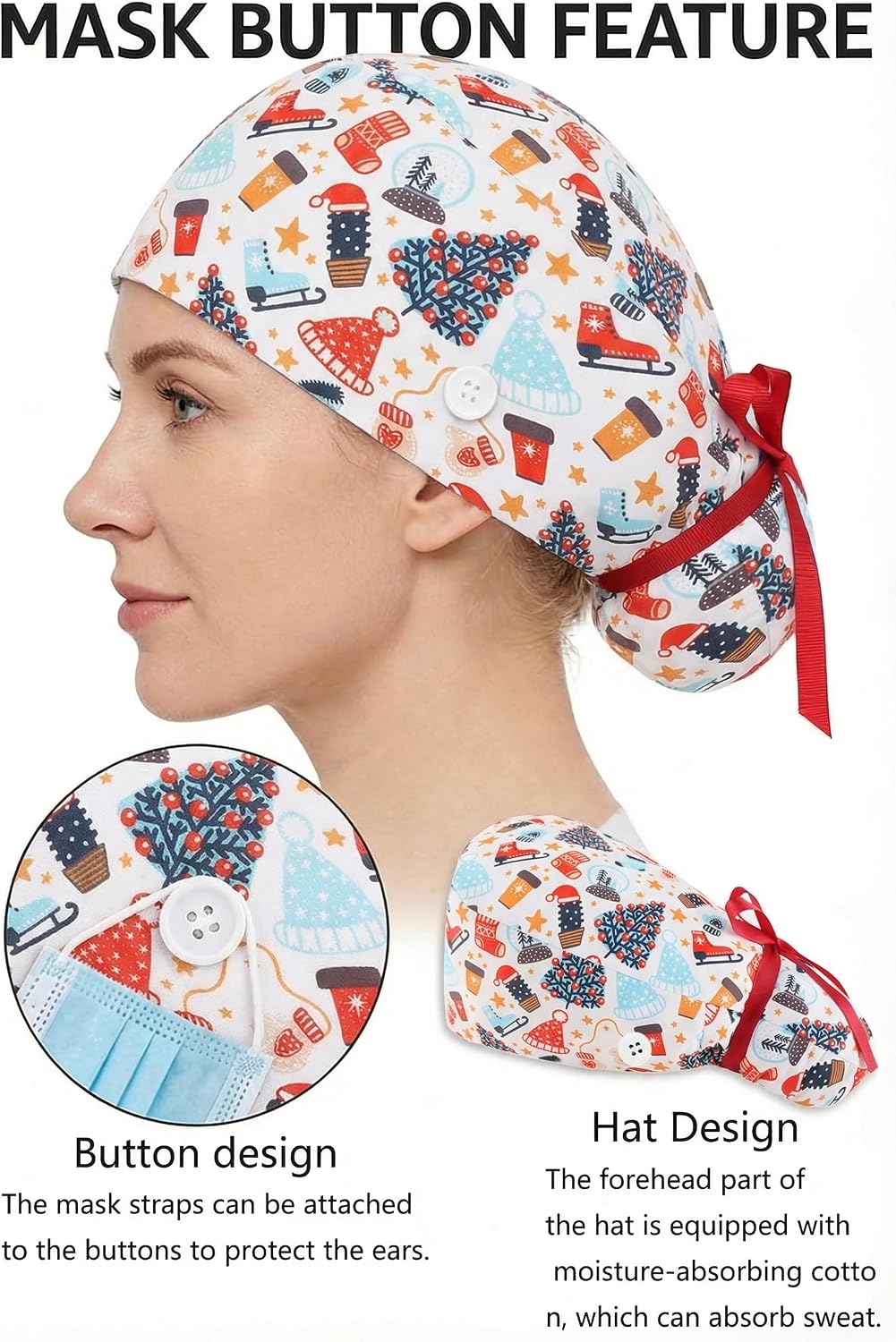 Scrub Caps for Women Nursing Hats with Buttons Adjustable Scrub Hats for Dentist Hats with Sweatband Adjustable