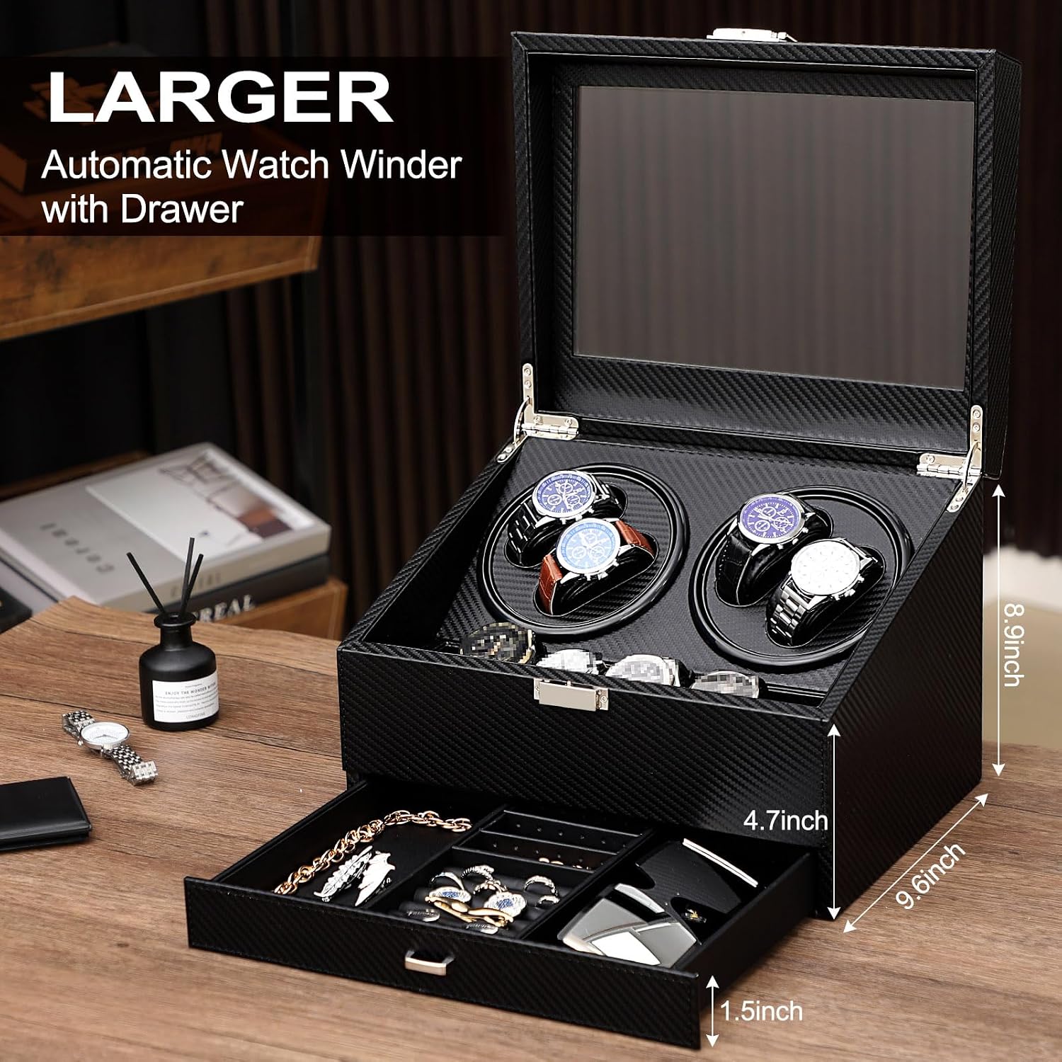 Watch Winder for Automatic Watch, Rotating Watch Display Case Quiet Running Motor Watches Jewelry Box with Drawer for