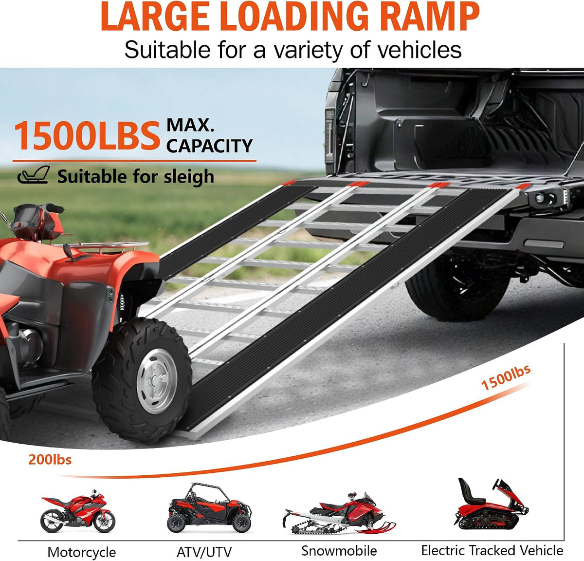 85" x 54" Aluminum Foldable Ramp, Snowmobile Loading Ramp with Wide Glides, Loading Ramps, 1500 LBS Capacity Loading
