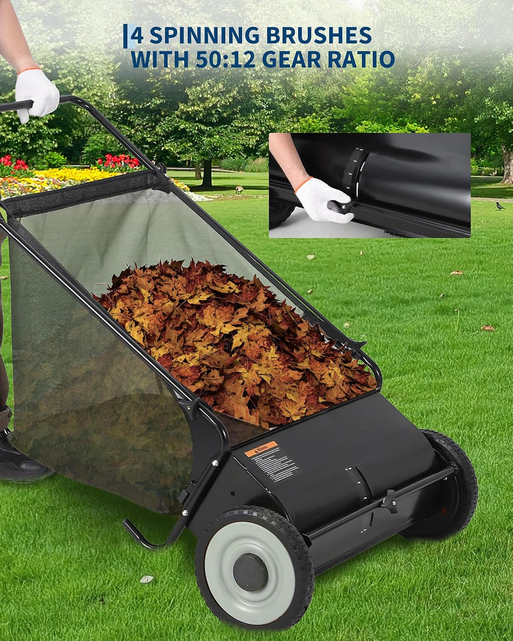 26 Inch Push Lawn Sweeper with 4 Spinning Brushes, 7 Cu.ft Large Capacity Leaf Collector, Adjustable Height Grass