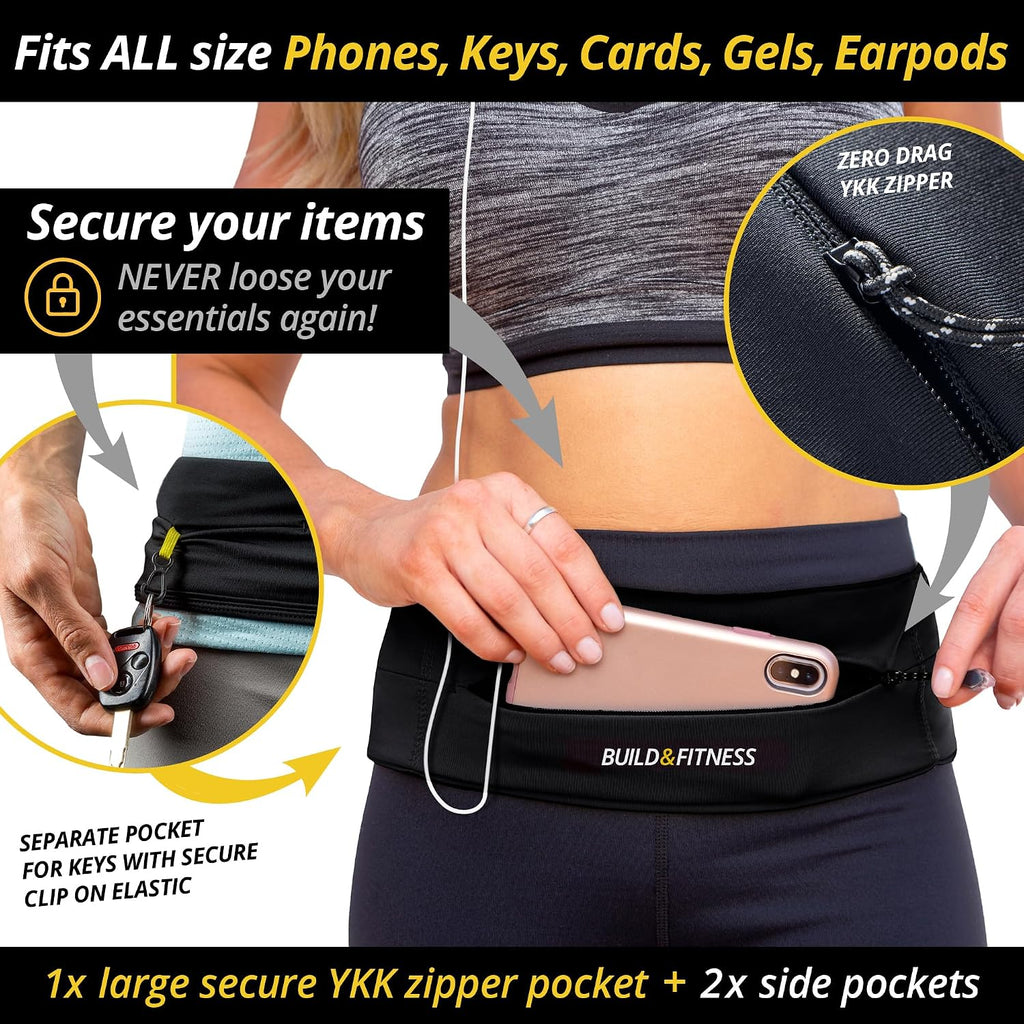 Zipper Running Belt – Adjustable Waist Pack, Slim, Light, YKK Zip, Secure Key Clip – Fits ALL Cell Phones, Keys