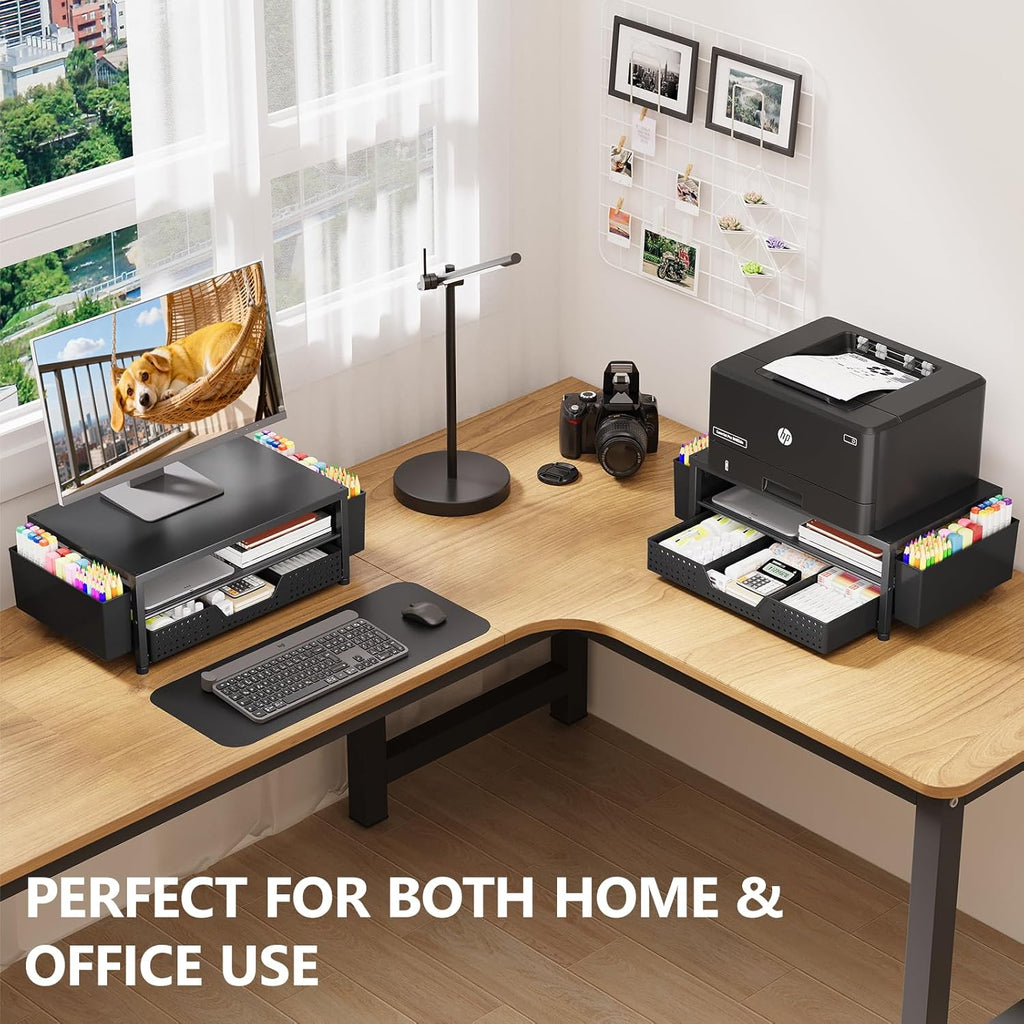 Desk Organizers and Accessories, Computer Monitor Stand Riser with Drawer and 2 Pen Holders, Printer & Laptop Stand