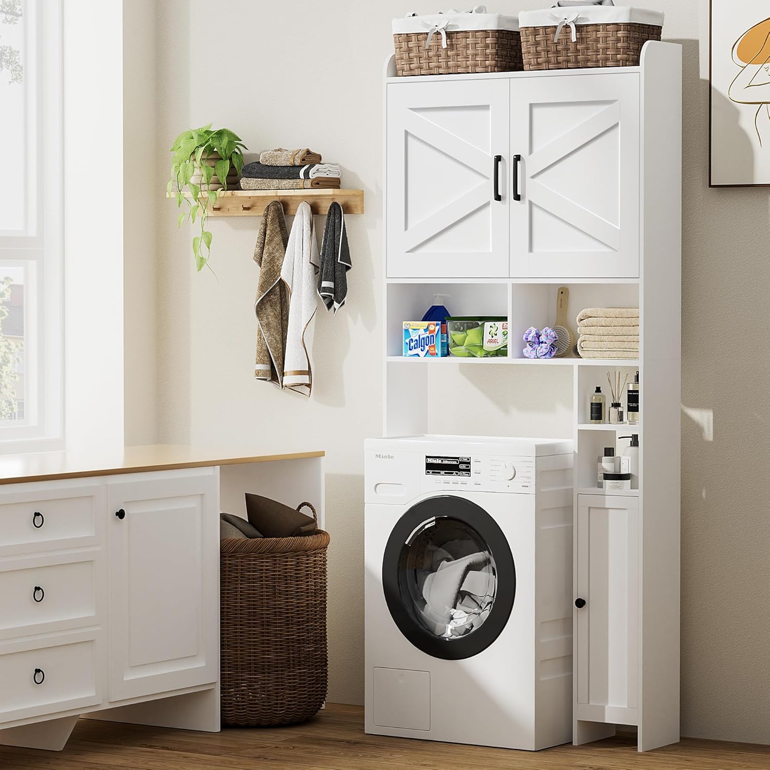 Wooden Over The Toilet Storage Cabinet with Barn Door | Freestanding Bathroom Storage, Toilet Paper Holder