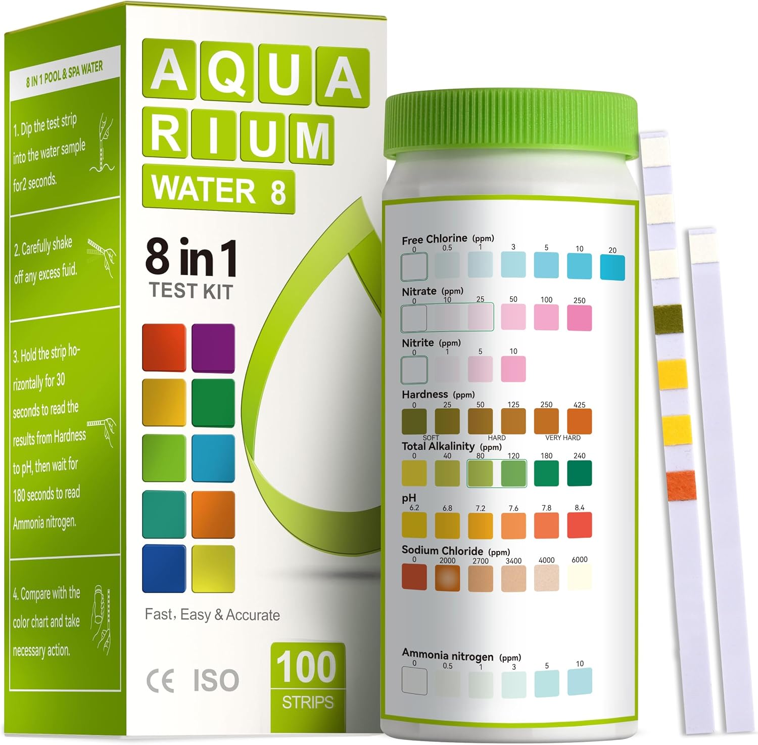 Aquarium Ammonia Test Strips 8-in-1 |100 Strips | Quick & Accurate Water Testing for Freshwater & Saltwater Tanks