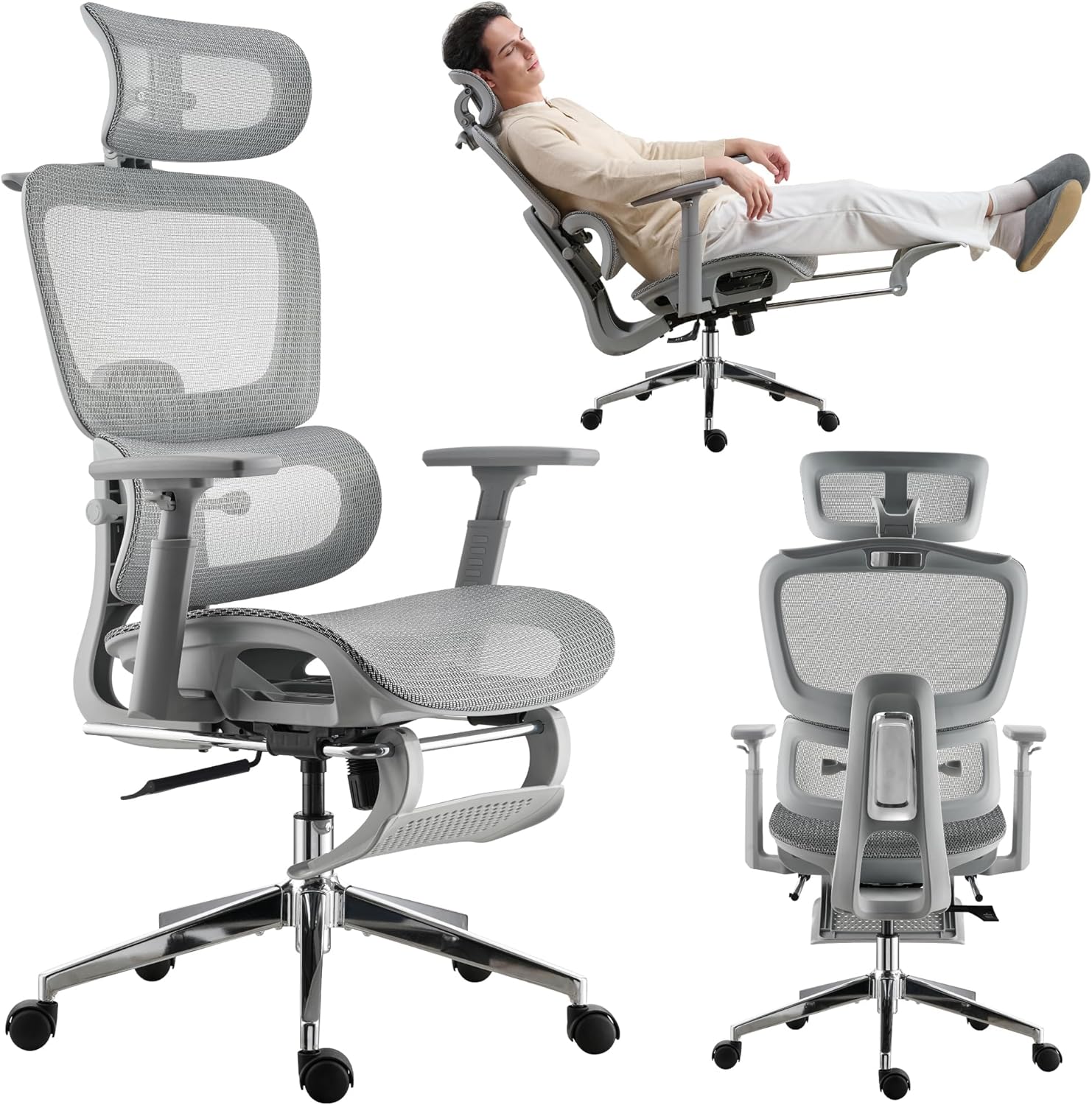 Mesh Ergonomic Office Chair with Footrest, Grey | High Back, Lumbar Support, Adjustable Headrest and Armrests, Gaming