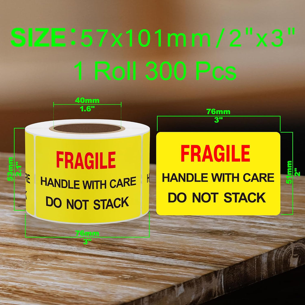 2x3 inch 300pcs Fragile Stickers for Shipping Moving Handle with Care Do Not Stack Yellow Warning Labels (Type 1)