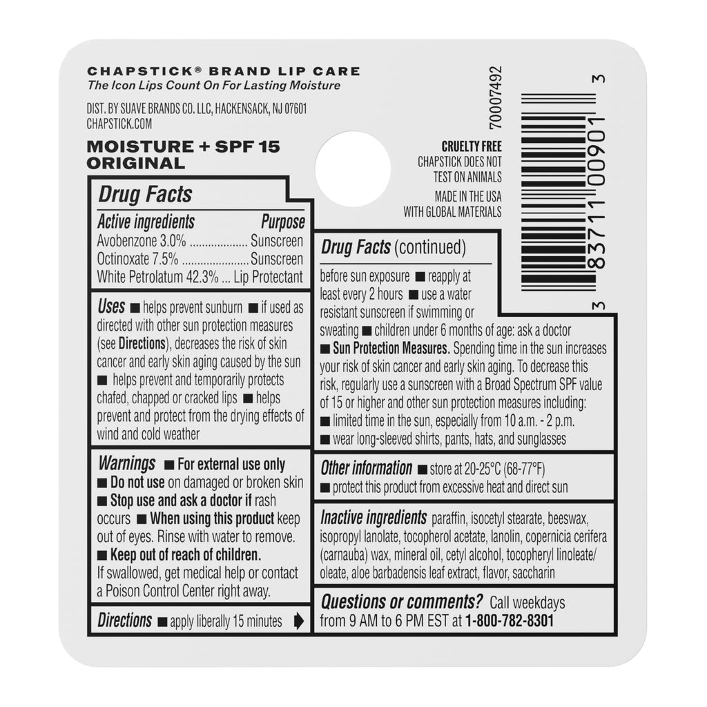 Moisture SPF + 15 Lip Balm Sticks with 24 Hour Moisture, 12-Pack