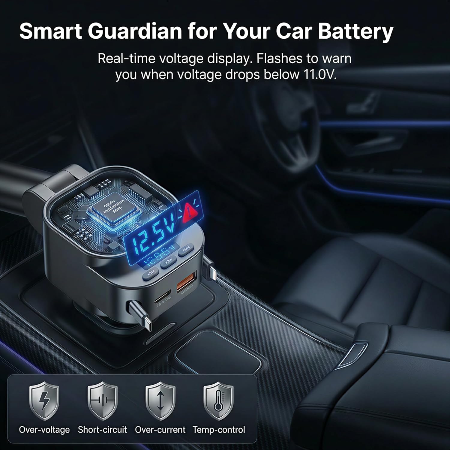 Bluetooth 5.3 Car Adapter, 96W FM Transmitter, 4-in-1 Retractable Charger | 96W Fast Charging | Bluetooth 5.3