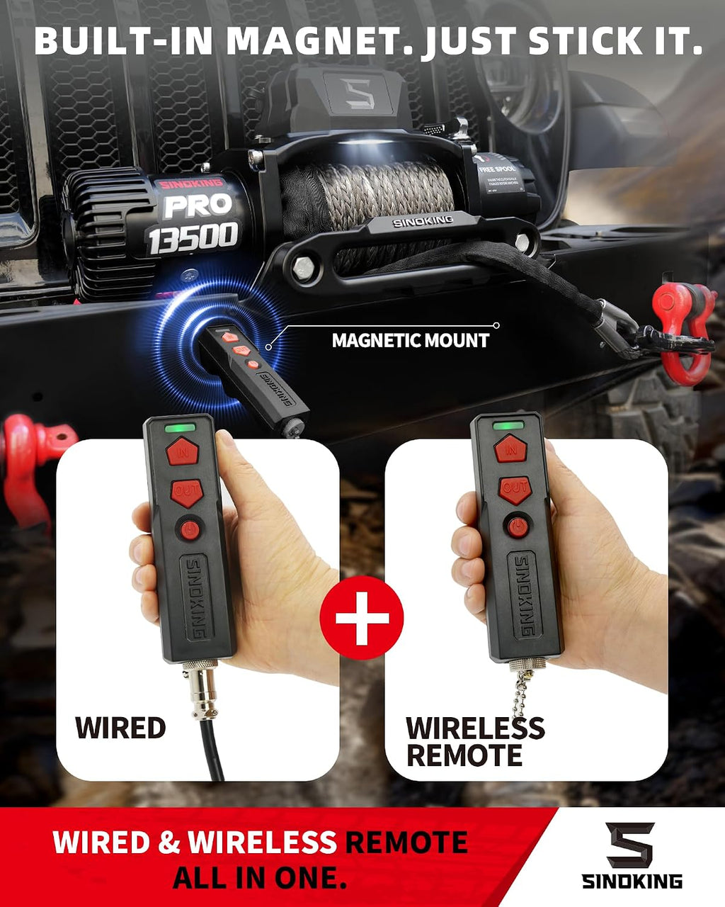 PRO Series 13500 lb Electric Winch, 12V Towing Winch, Synthetic Rope, 2-in-1 Wired/Wireless Remote, Waterproof IP67