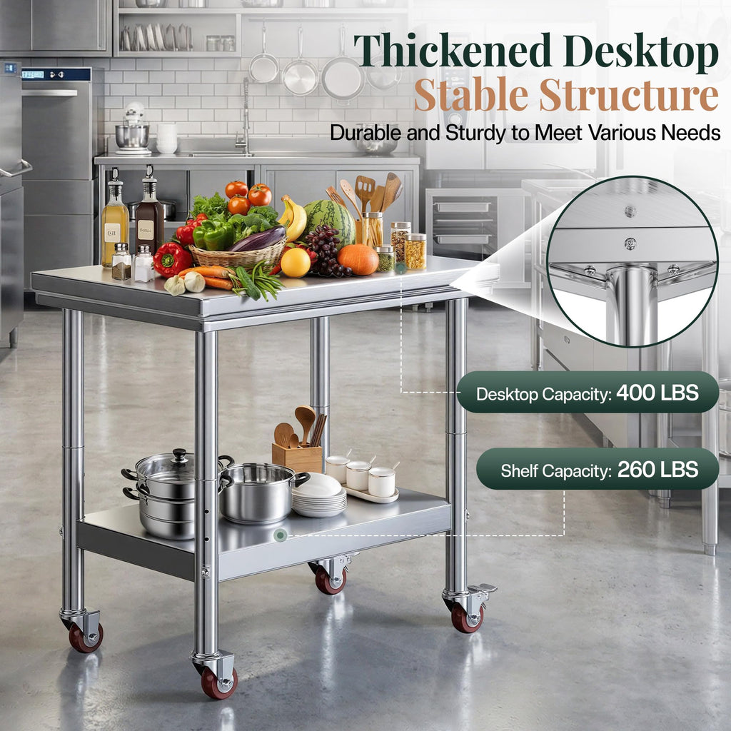 24x36 Inch Stainless Steel Prep and Work Table with Wheels