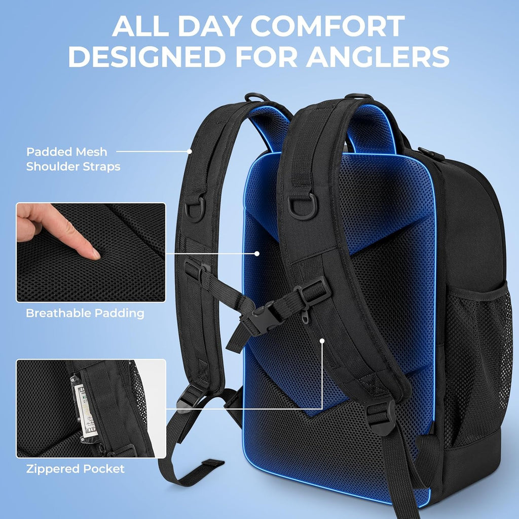 KarryAll Fishing Backpack with Rod Holder 4 Tackle Boxes, 40/26L | Tackle Bag Storage Fishing Gear and Equipment