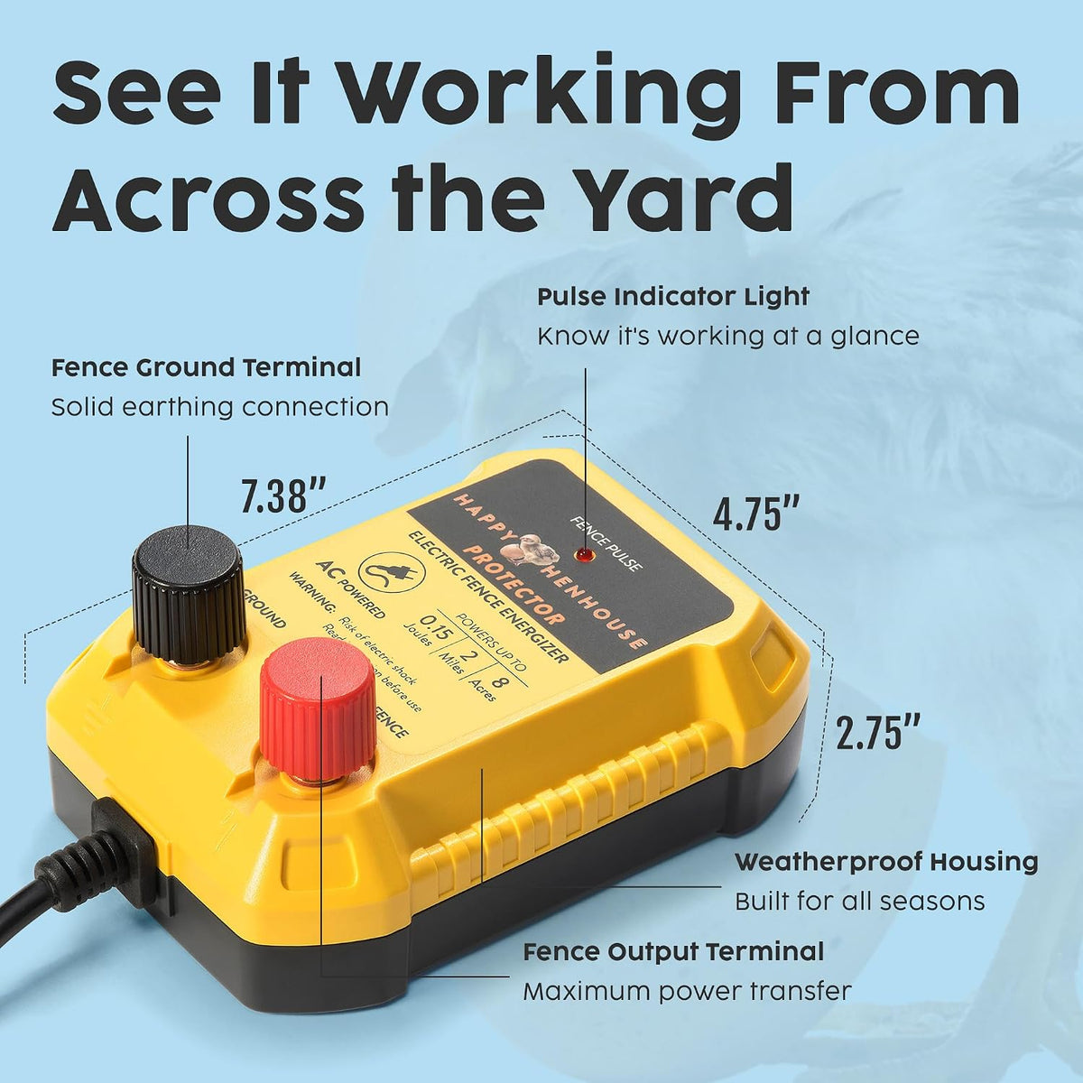 Electric Fence Charger - Powerful 110V AC Plug-in Fence Energizer for Chickens, Small Farms & Gardens - Easy Setup
