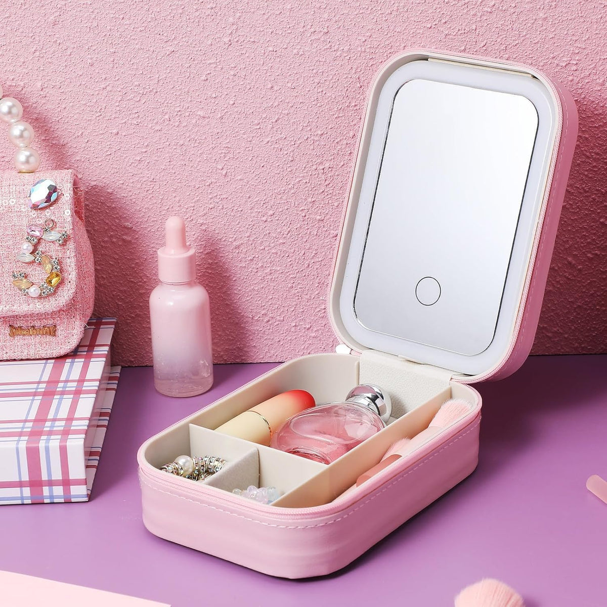 Adjustable Brightness Travel Makeup Case with LED Lighted Mirror Compact Small Organizer Bag with Divided Storage for