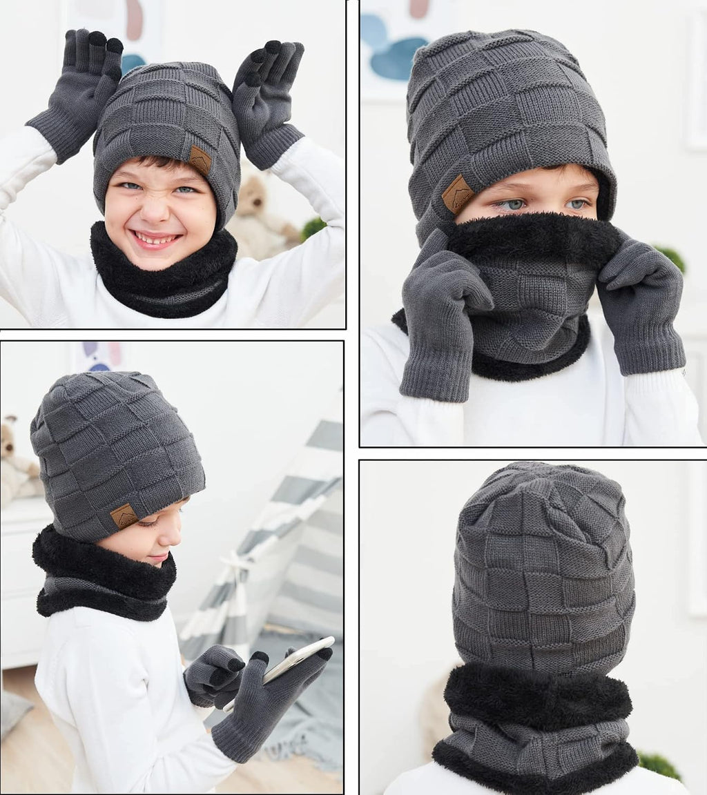 Kids Winter Beanie Hat Scarf Touchscreen Gloves Set for Boys Girls 4-15 Years Warm Skull Cap Fleece Lined Knitted Hat