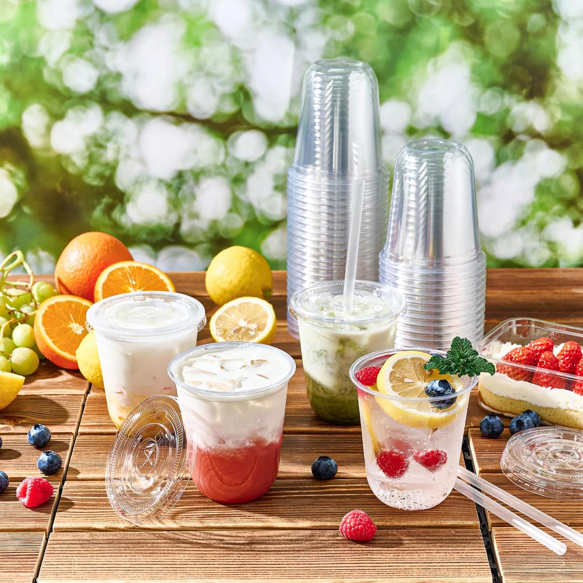 100 Pack 12 oz Disposable Plastic Cups with Lids and Straws
