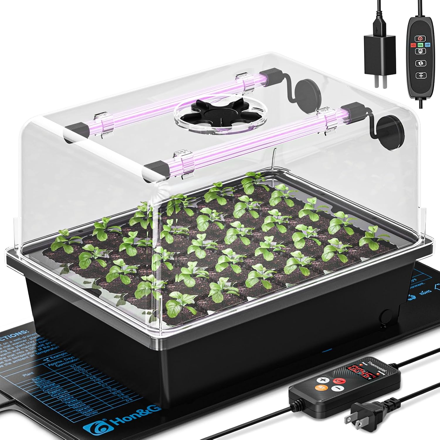 30-Cell Seed Starting Kit with Heat Mat and LED Grow Lights | 30-cell PP seedling tray, 5.3" dome with vents, dual