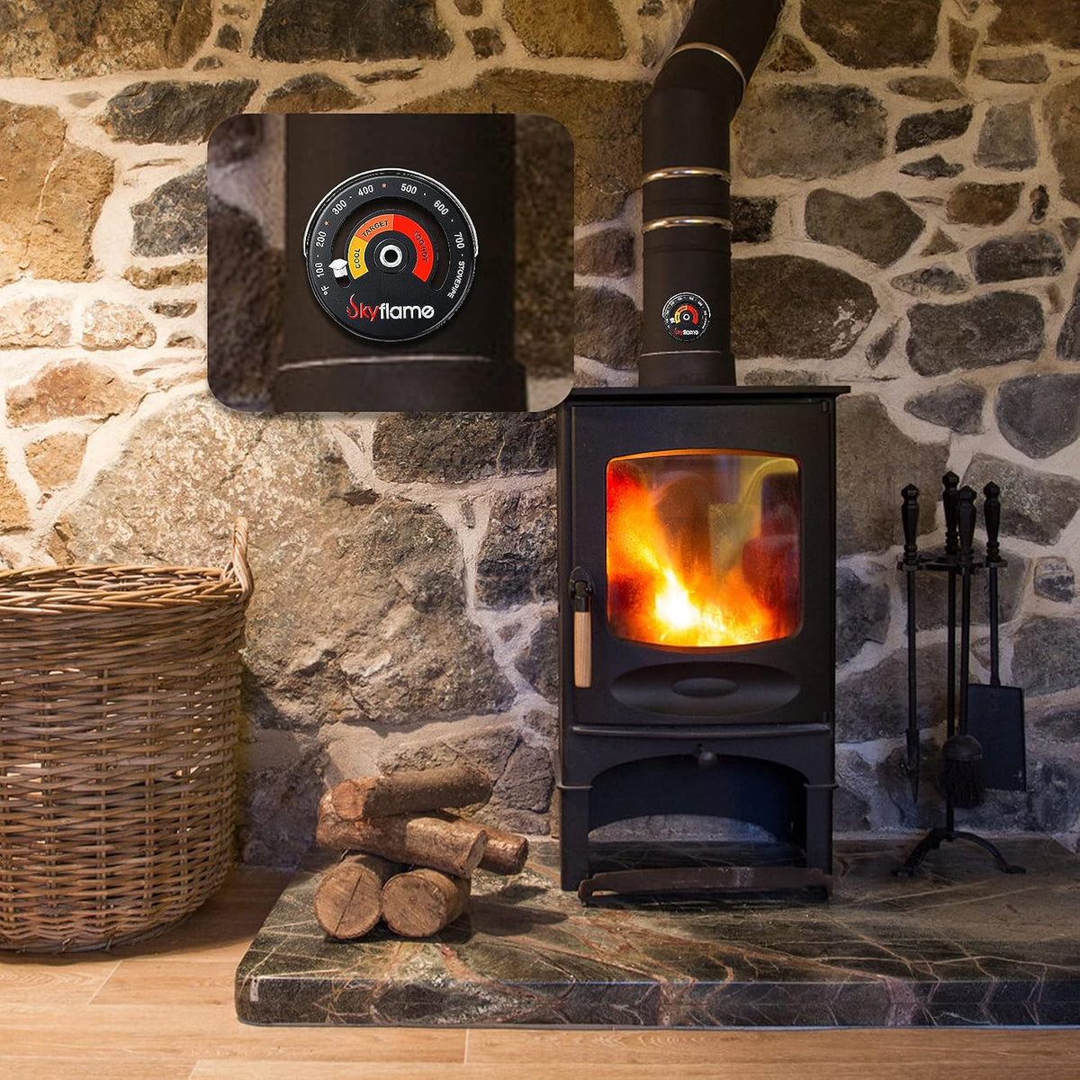 Skyflame Wood Stove Thermometer, Magnetic Chimney Flue Pipe Meter