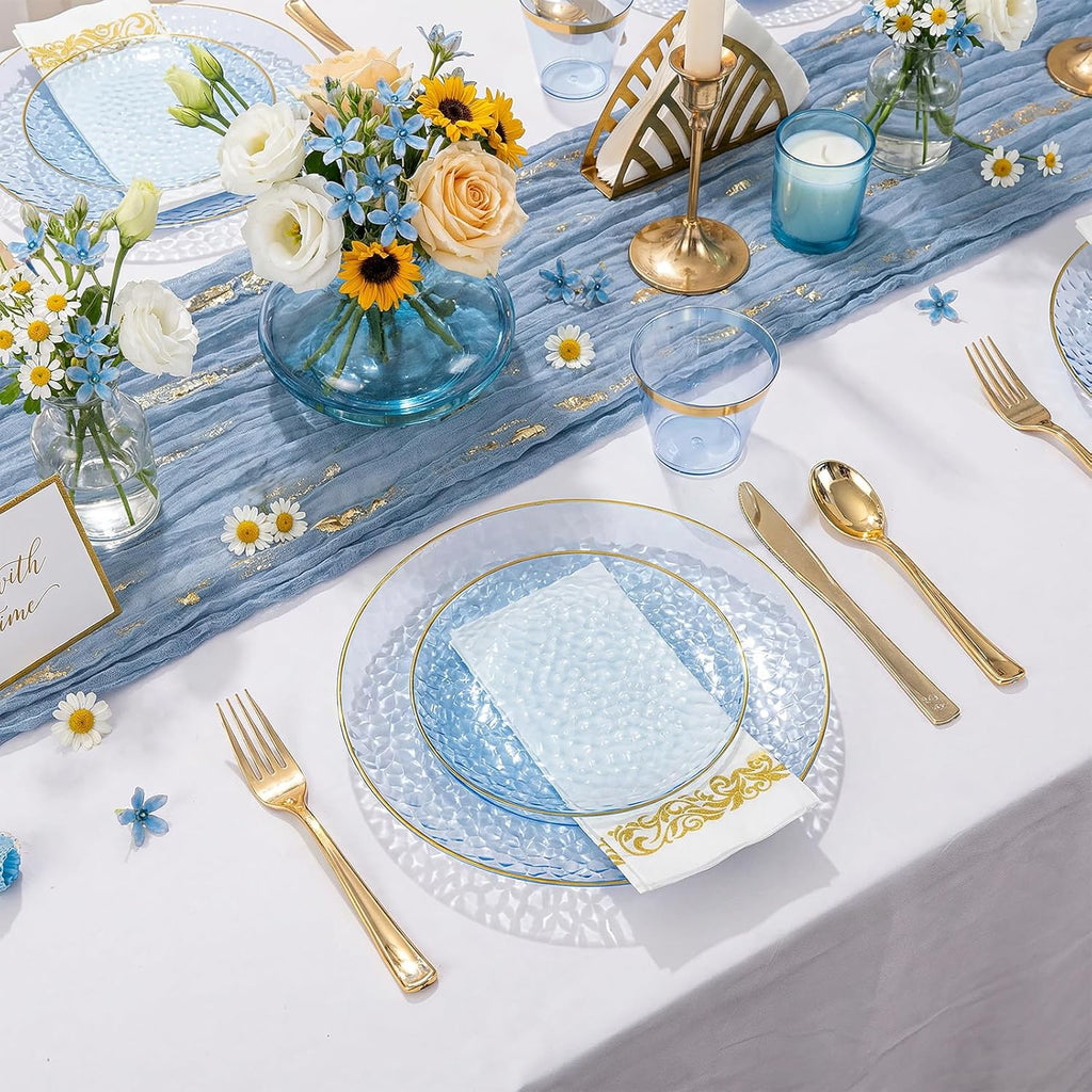 350 Pcs Clear Blue Plastic Plates, Blue Gold Plastic Dinnerware Set (50 Guests), Blue Disposable Plates With Gold