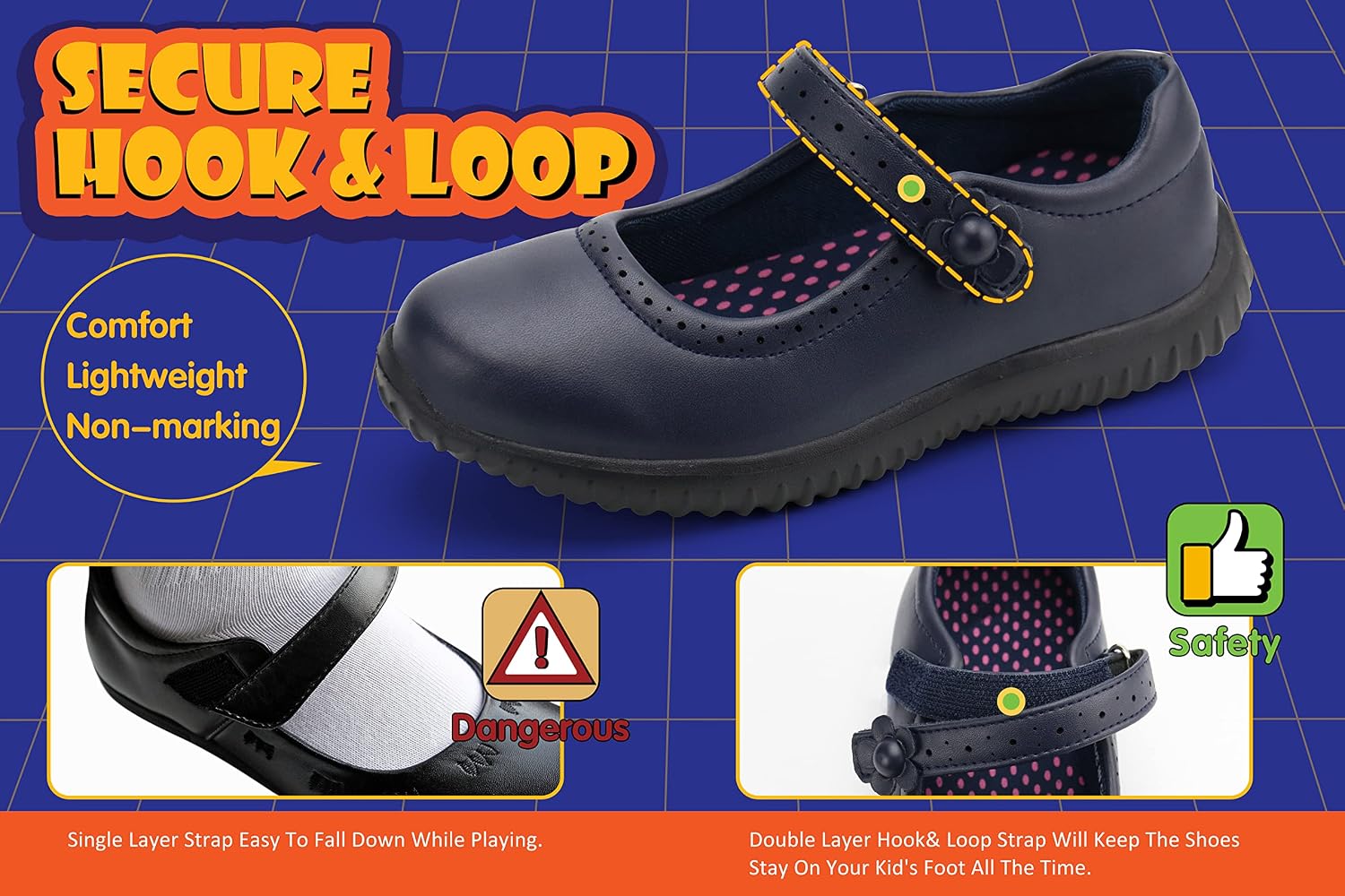 Girl's Mary Jane School Uniform Shoes | Lightweight, Non-marking Sole, Hook & Loop Strap, Soft Insole, All Day