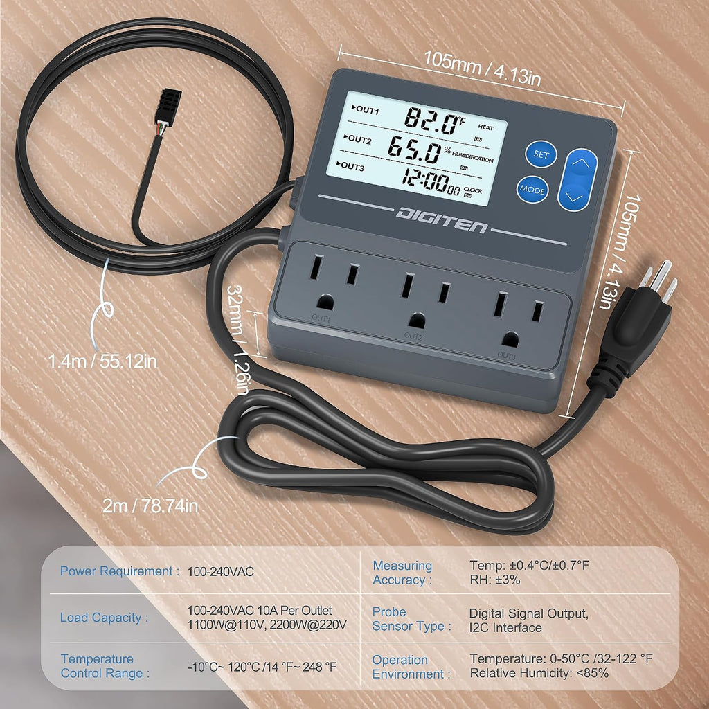 Reptile Temp & Humidity Controller with Timer Outlet | Temperature Control, Humidity Control, Timer, 3-Stage Outlet