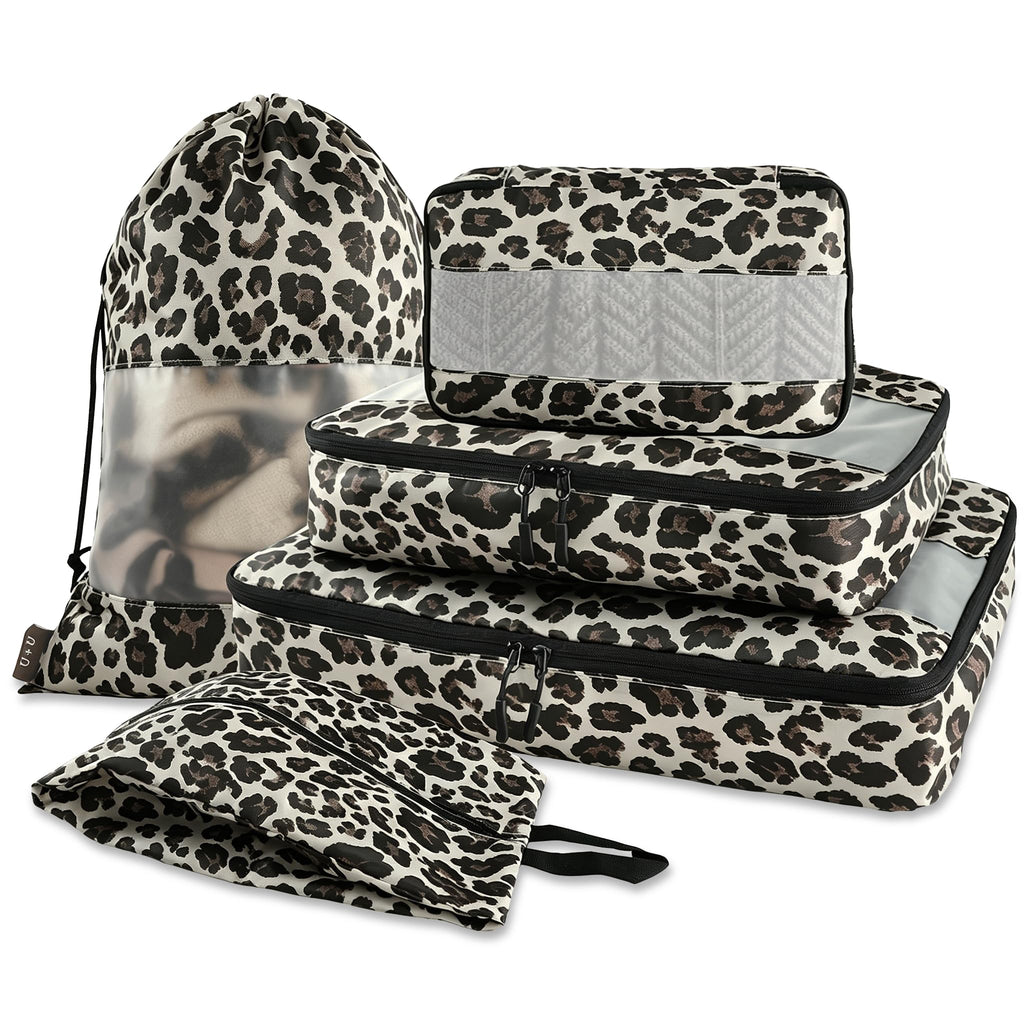 5 Set Packing Cubes, Travel Organizers with Shoe Bag (Leopard)