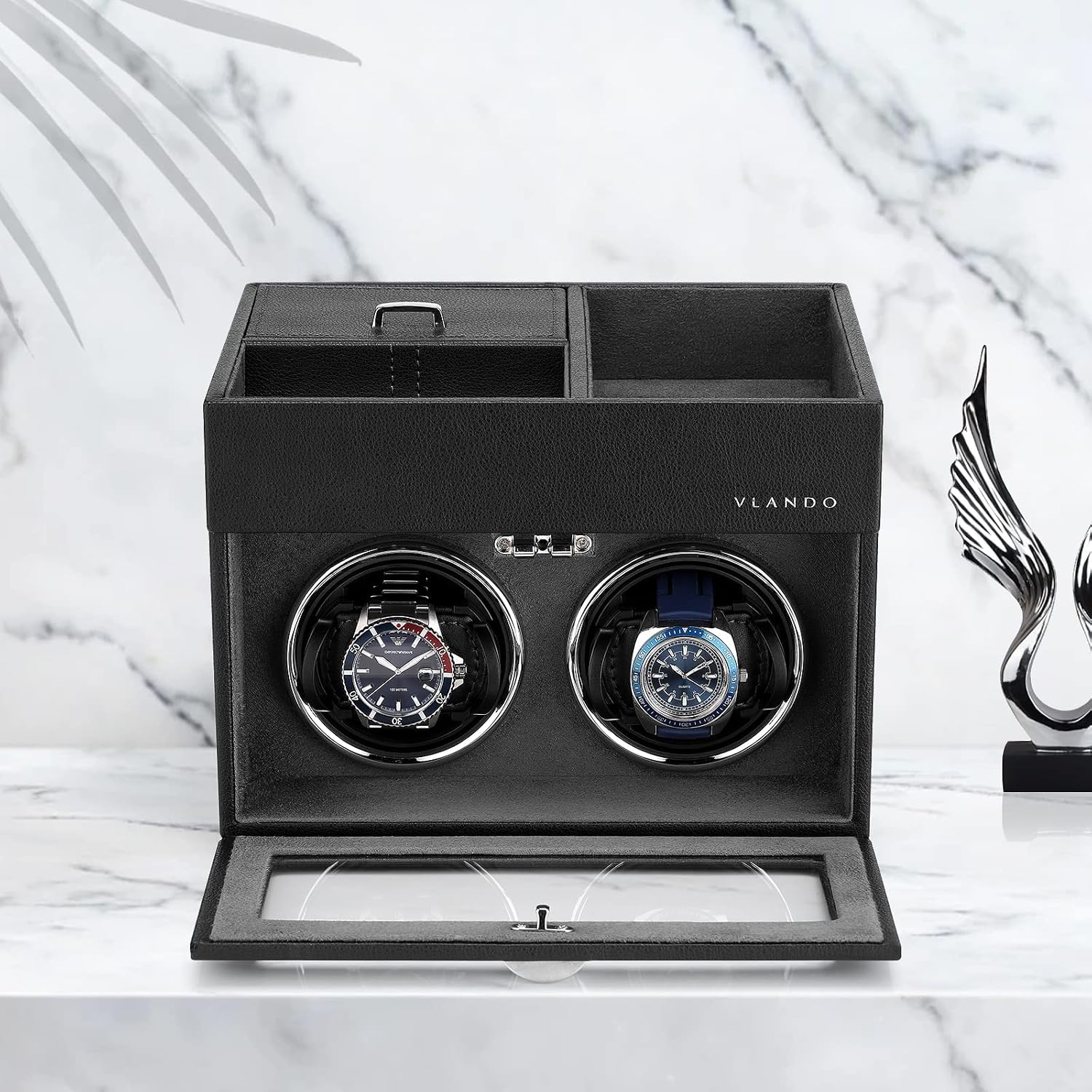 Automatic Double Watch Winder for Men - Watch Winder Box with Jewelry Organizer Tray for Father Husband Dad, Japanese