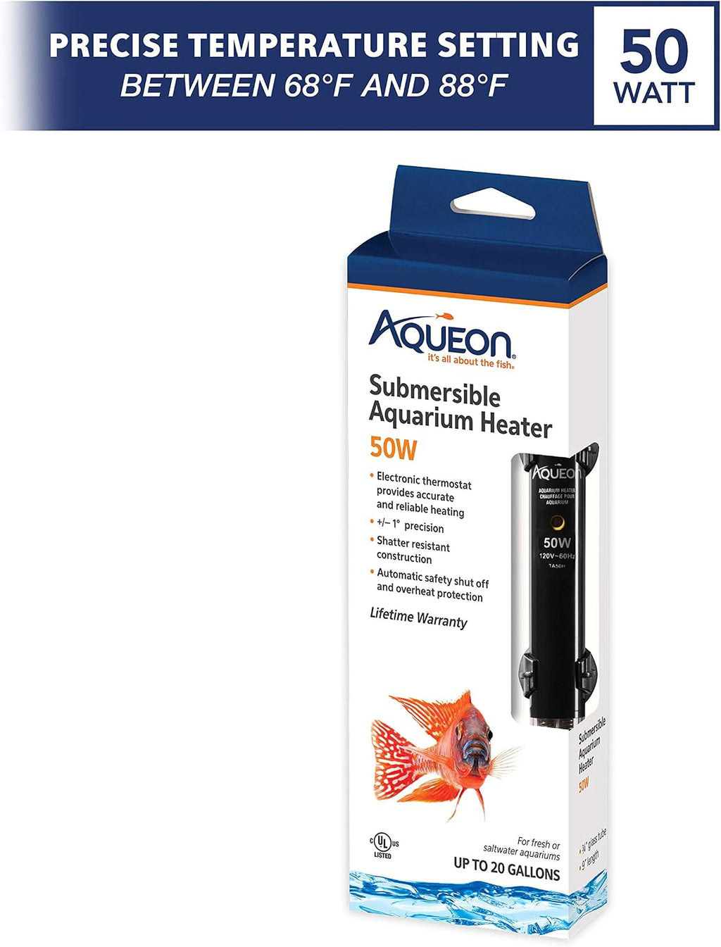 Submersible Aquarium Heater, 50 Watts, Up to 20 Gallons | 50 watt aquarium heater for freshwater and saltwater tanks