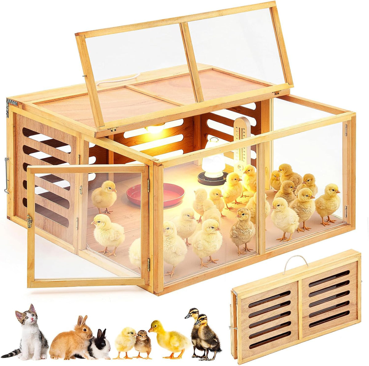 Large Chicken Brooder Box Kits 32x32x16 in Wooden Foldable Chick Brooder Box with Heated Light Thermometer Portable
