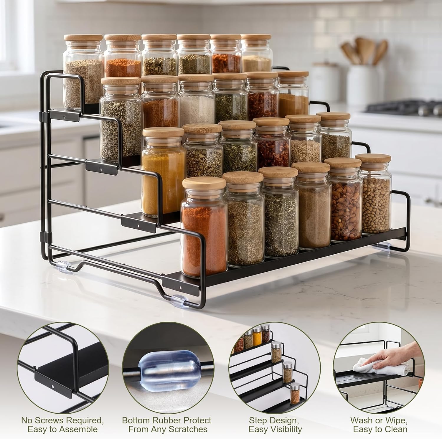 Spice Rack Organizer for Cabinet, Tiered Adjustable Spice Shelf Organization, Metal Seasoning Rack for Kitchen