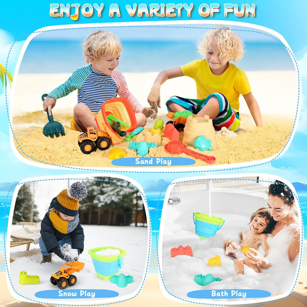 Beach Sand Toys for Kids, 29PCS Travel Beach Essentials for Toddler 3-10 | Sandbox Toys with 2 Collapsible Bucket
