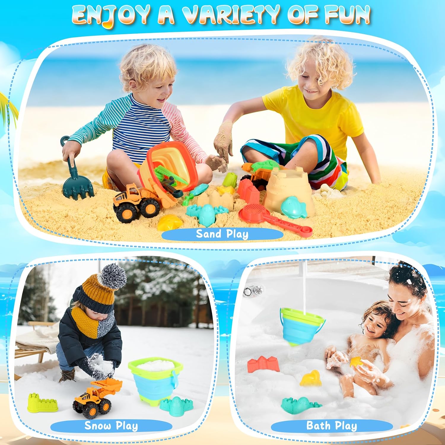 Beach Sand Toys for Kids, 29PCS Travel Beach Essentials for Toddler 3-10 | Sandbox Toys with 2 Collapsible Bucket