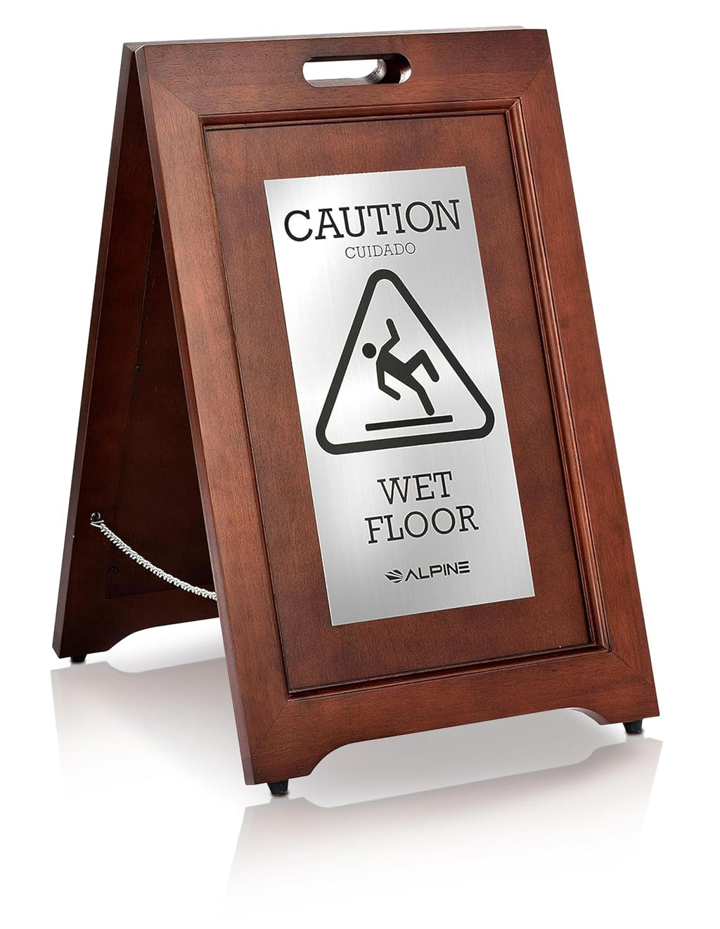 Wooden Wet Floor Sign – High-End Slippery When Wet Caution Sign, Bilingual English & Spanish, Stainless Steel Plate